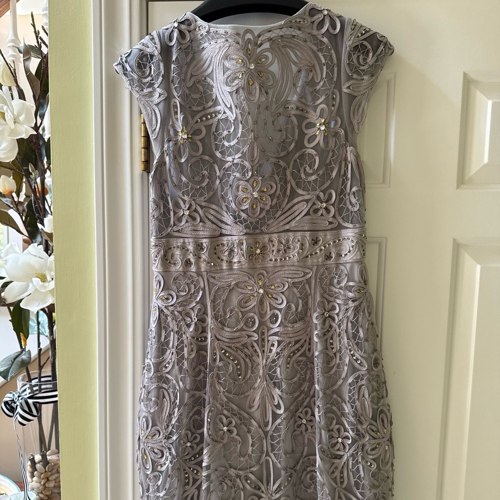 Sue Wong Silver Embroidered Midi Cocktail Dress